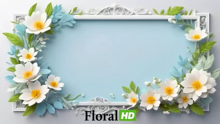 3D Elegant White And Yellow Floral Frame On Blue PNG Transparent Background