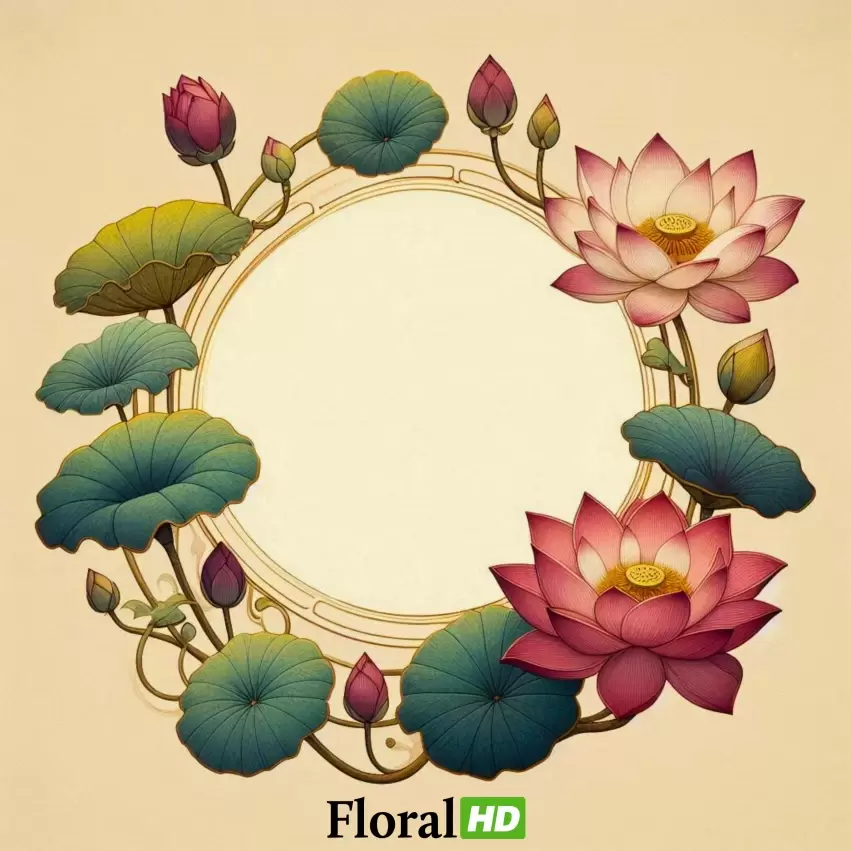 Artistic Lotus Flower Frame With Green Leaves PNG Transparent Background