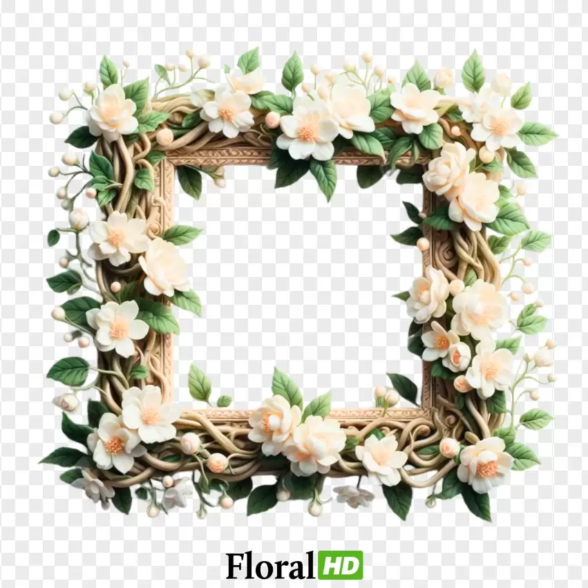 Beautiful Square Jasmine Flower Frame With Green Leaves PNG Transparent Background