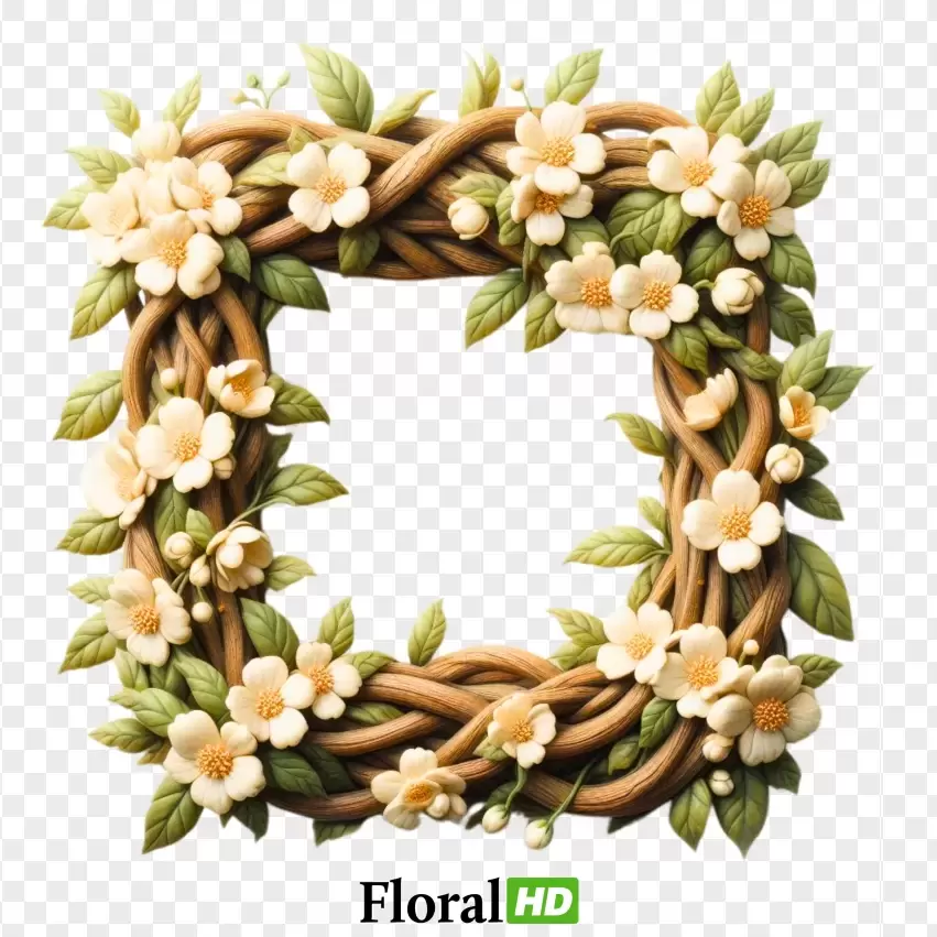 Charming Square Jasmine Wreath With Natural Elements PNG Transparent Background