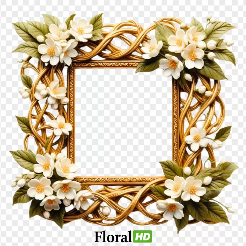 Elegant Square Jasmine Floral Frame With Golden Vines PNG Transparent Background