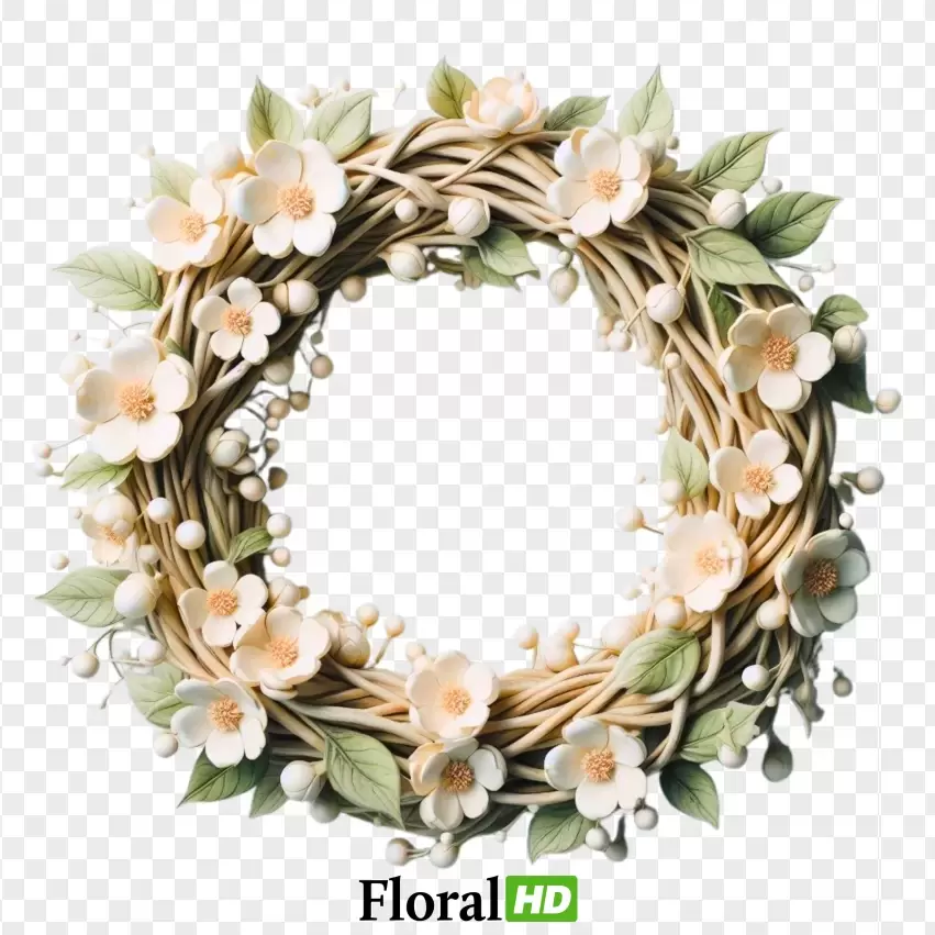 Stunning Circular Jasmine Wreath With Twisted Vines PNG Transparent Background