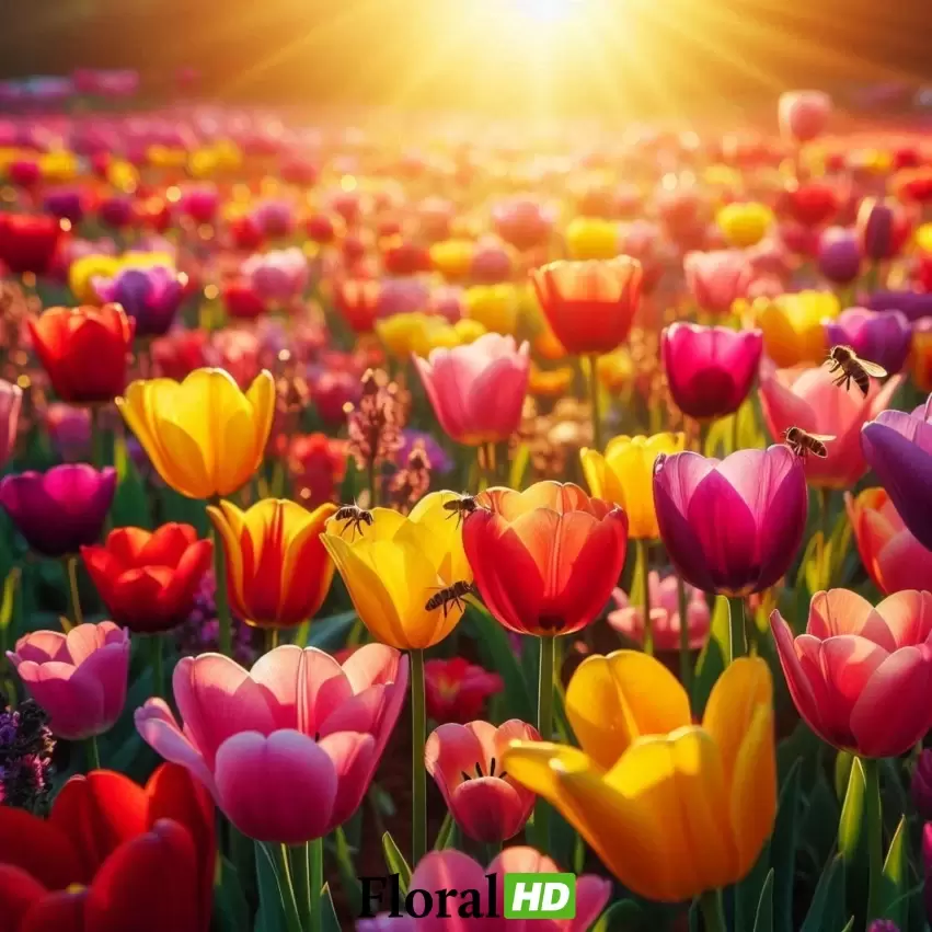 Vibrant Tulip Field Bathed In Golden Sunrise Spring Bliss PNG Transparent Background