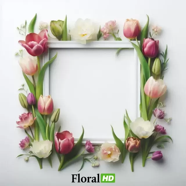 Charming Square Frame With Vibrant Tulip Accents PNG Transparent Background