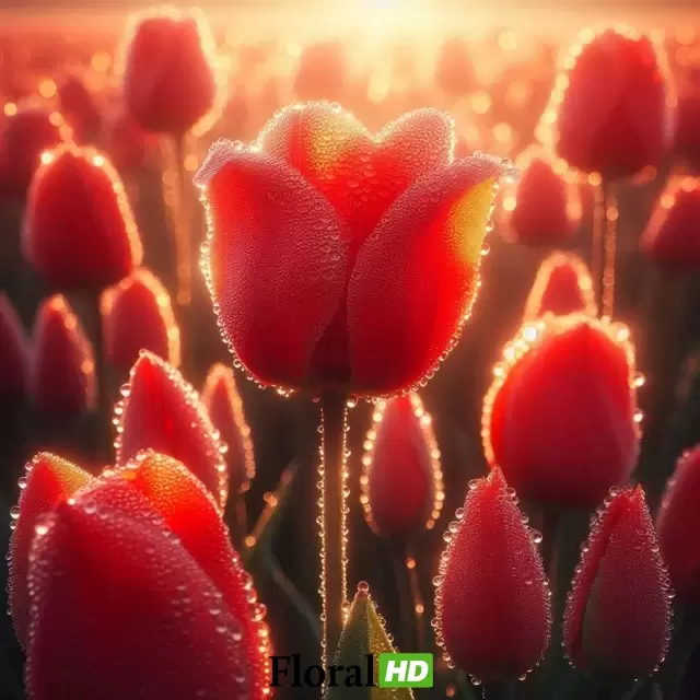Dew-Kissed Red Tulips At Sunrise Nature's Morning Glow PNG Transparent Background