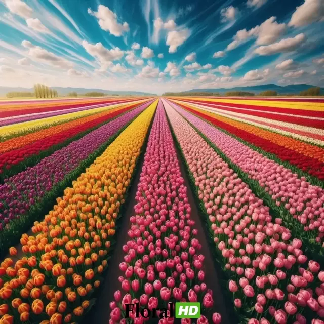 Endless Rows Of Colorful Tulips Under A Clear Sky PNG Transparent Background