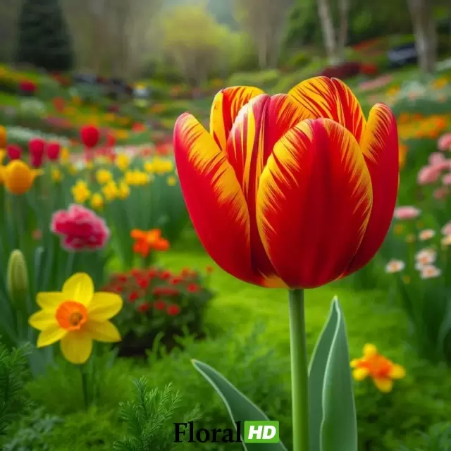 Red And Yellow Tulips Amidst A Colorful Garden Landscape PNG Transparent Background